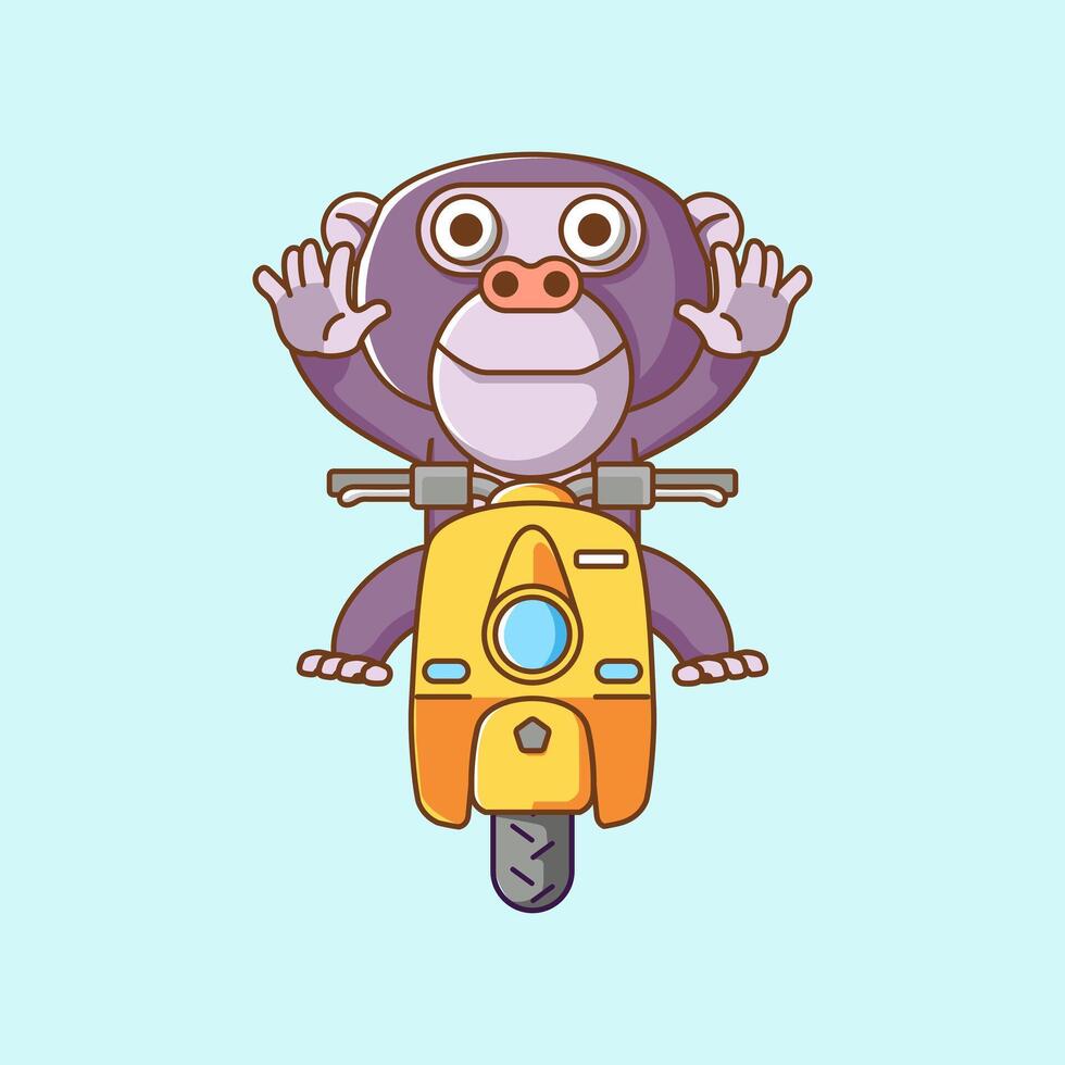 Cute ape monkey riding scooter animal kawaii chibi character mascot illustration outline style design vector