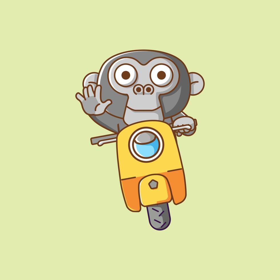 Cute monkey ape riding scooter animal kawaii chibi character mascot illustration outline vector