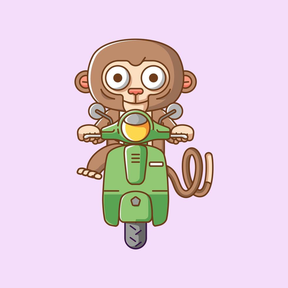 Cute monkey riding scooter animal kawaii chibi character mascot illustration outline style design vector