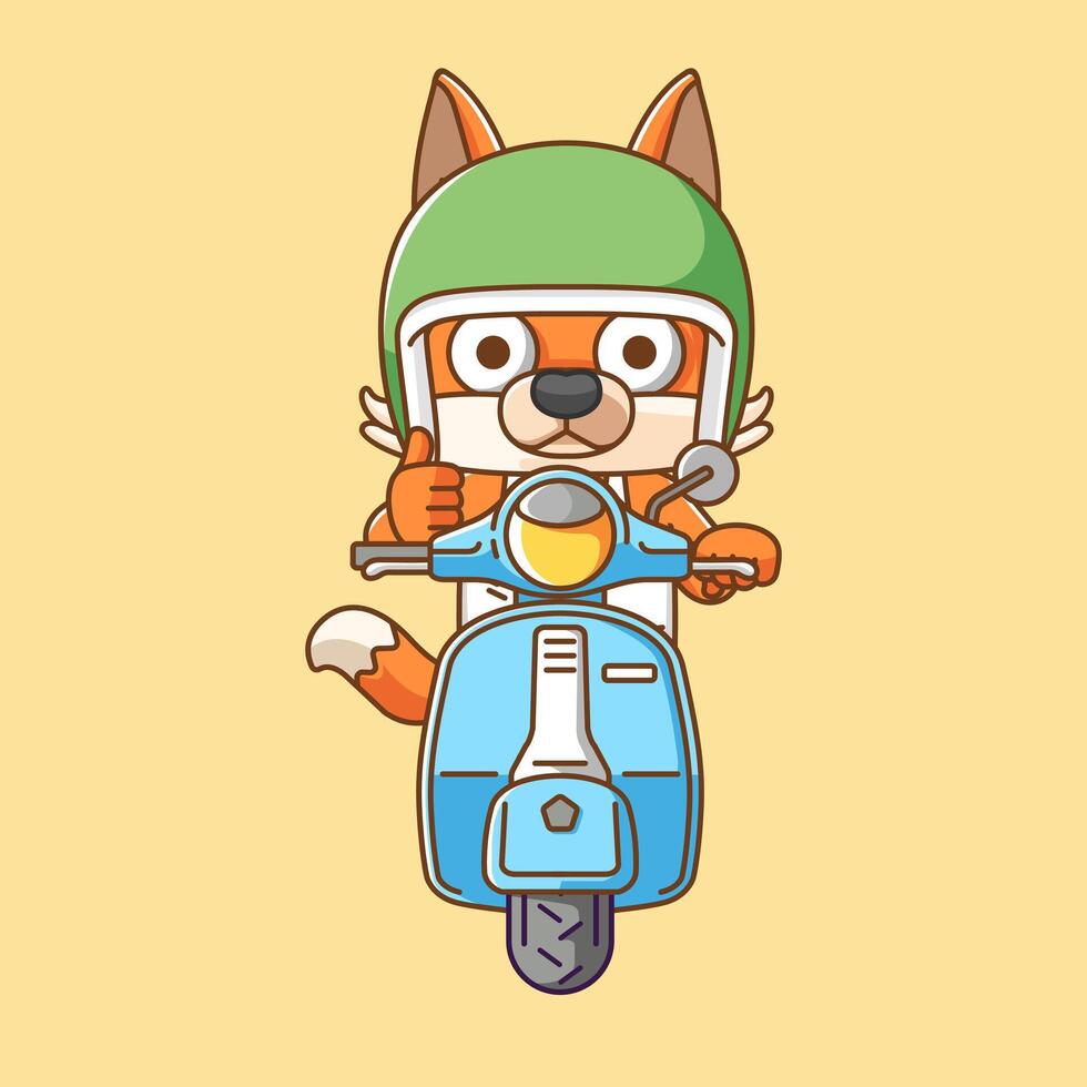 Cute fox riding scooter animal kawaii chibi character mascot illustration outline style design vector