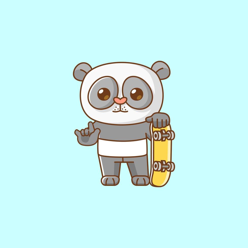 Cute panda Playing Skateboard animal kawaii chibi character mascot illustration outline style design vector