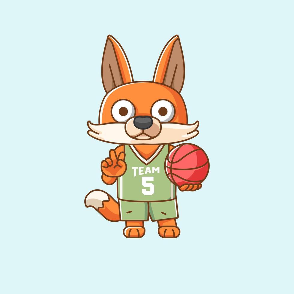 Cute fox basketball player play basket kawaii chibi character mascot illustration outline style design vector