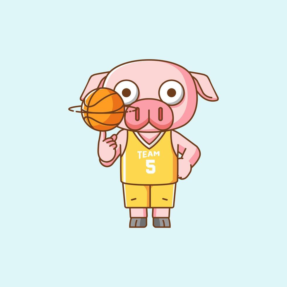 Cute basketball pig player play basket kawaii chibi character mascot illustration outline style design vector