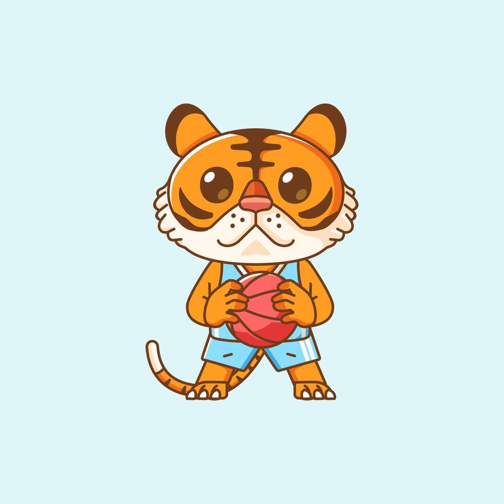 Cute tiger hold basketball player play basket kawaii chibi character mascot illustration outline style design vector