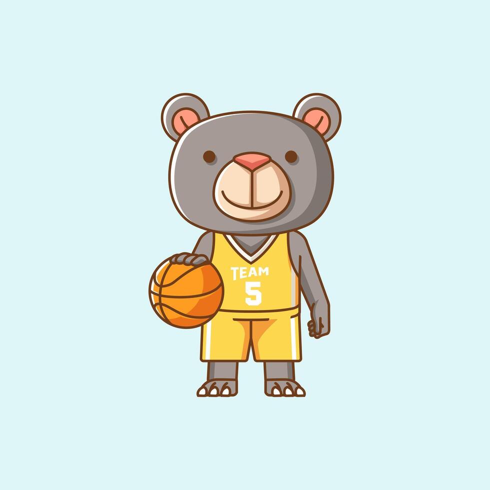 Cute teddy bear basketball player play basket kawaii chibi character mascot illustration outline style design vector