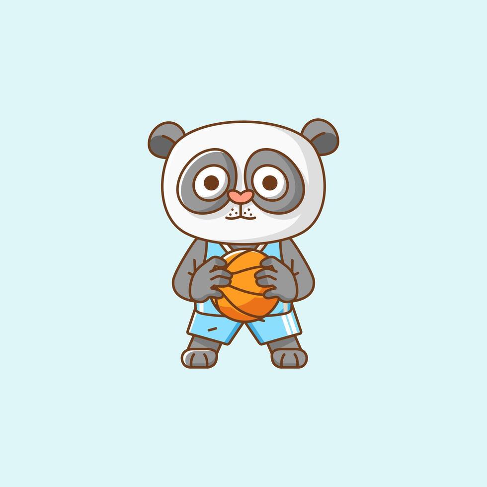 Cute panda basketball player play basket kawaii chibi character mascot illustration outline style design vector