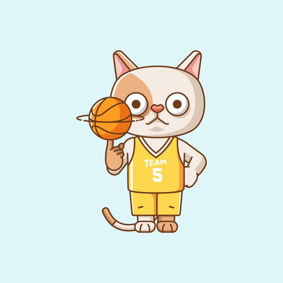 Cute basketball cat player play basket kawaii chibi character mascot illustration outline style design vector