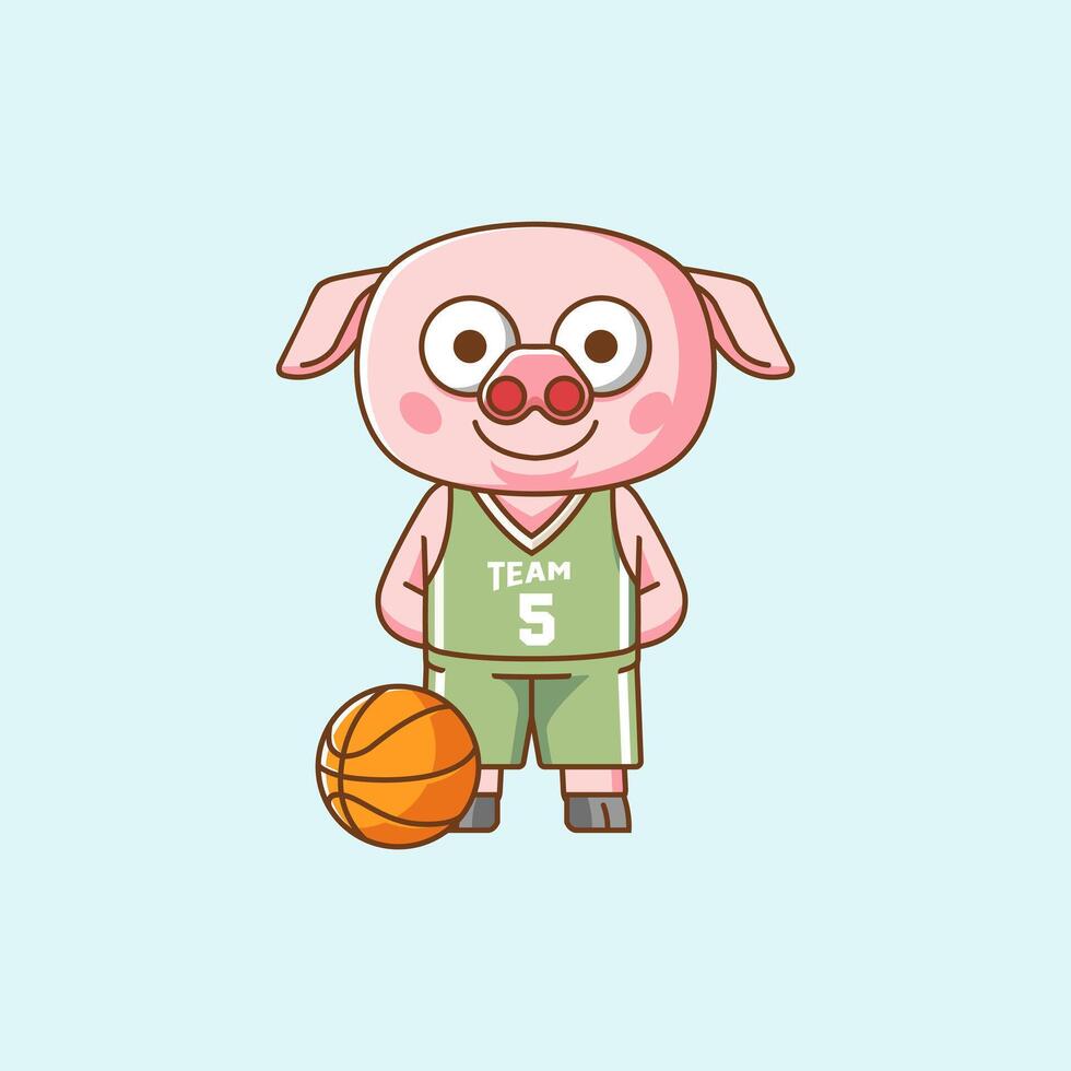 Cute pig basketball player play basket kawaii chibi character mascot illustration outline style design vector
