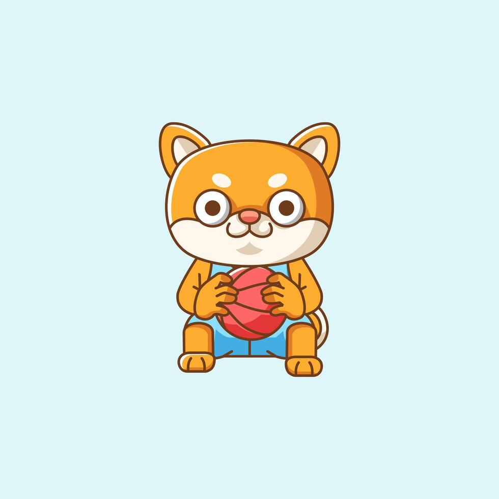Cute shiba inu dog basketball player play basket kawaii chibi character mascot illustration outline style design vector
