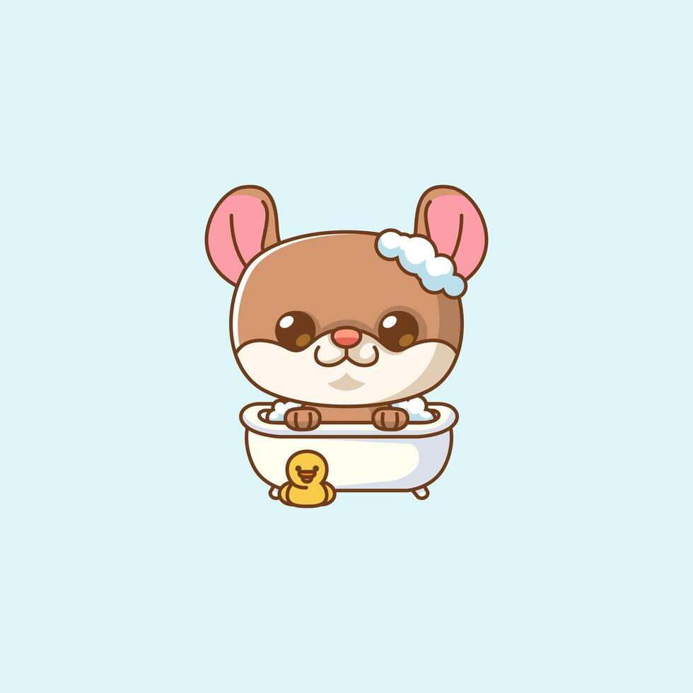 Cute mouse bathing time in bathtub kawaii chibi character mascot illustration outline style design vector