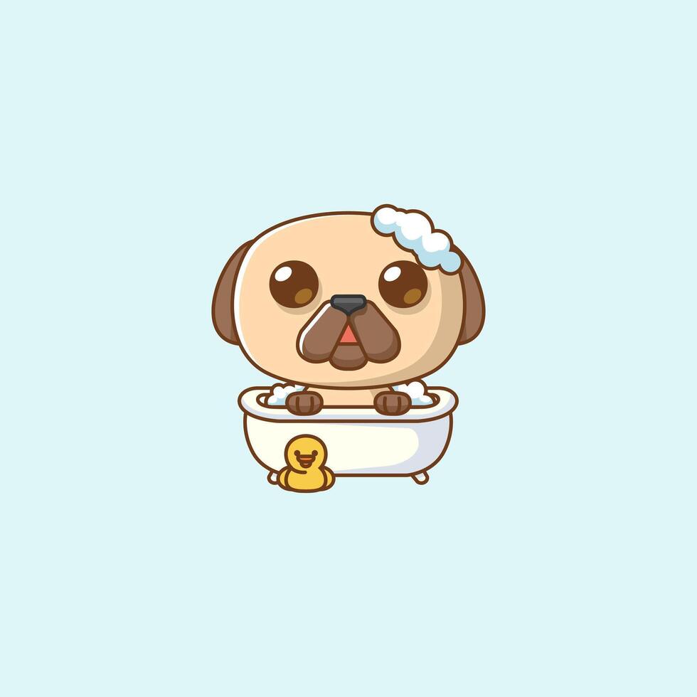 Cute pug dog bathing time in bathtub kawaii chibi character mascot illustration outline style design vector