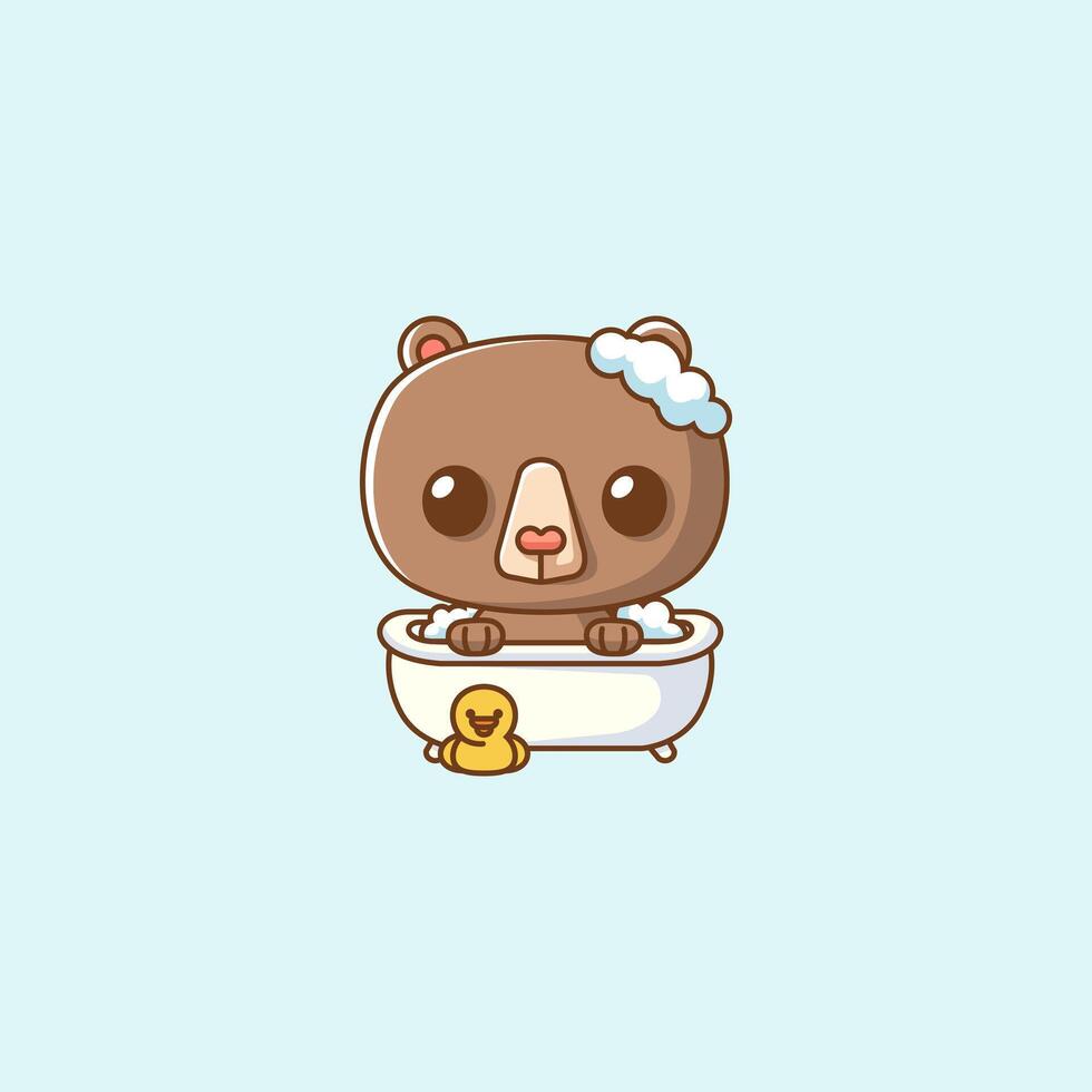 Cute little bear bathing time in bathtub kawaii chibi character mascot illustration outline style design vector