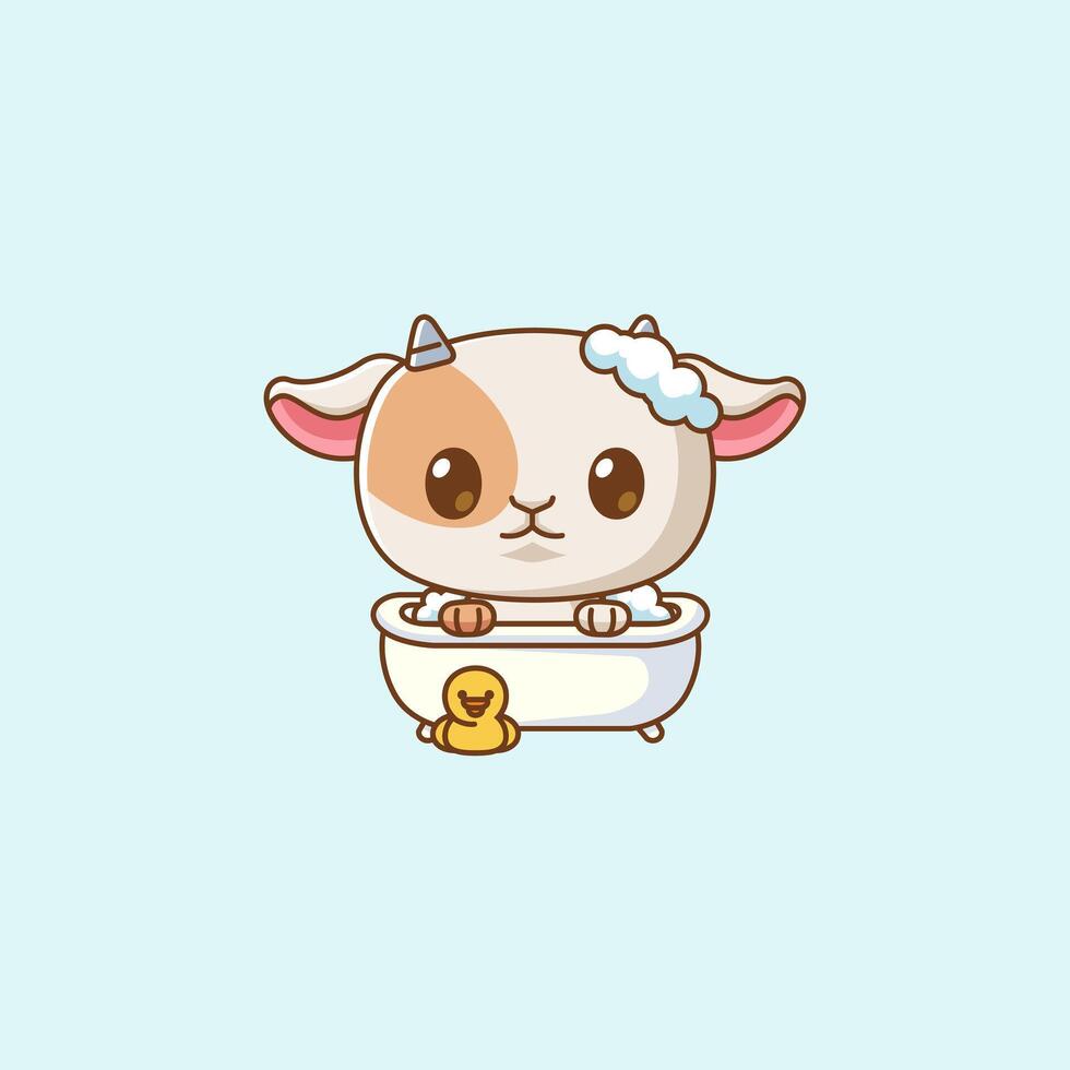 Cute goat bathing time in bathtub kawaii chibi character mascot illustration outline style design vector