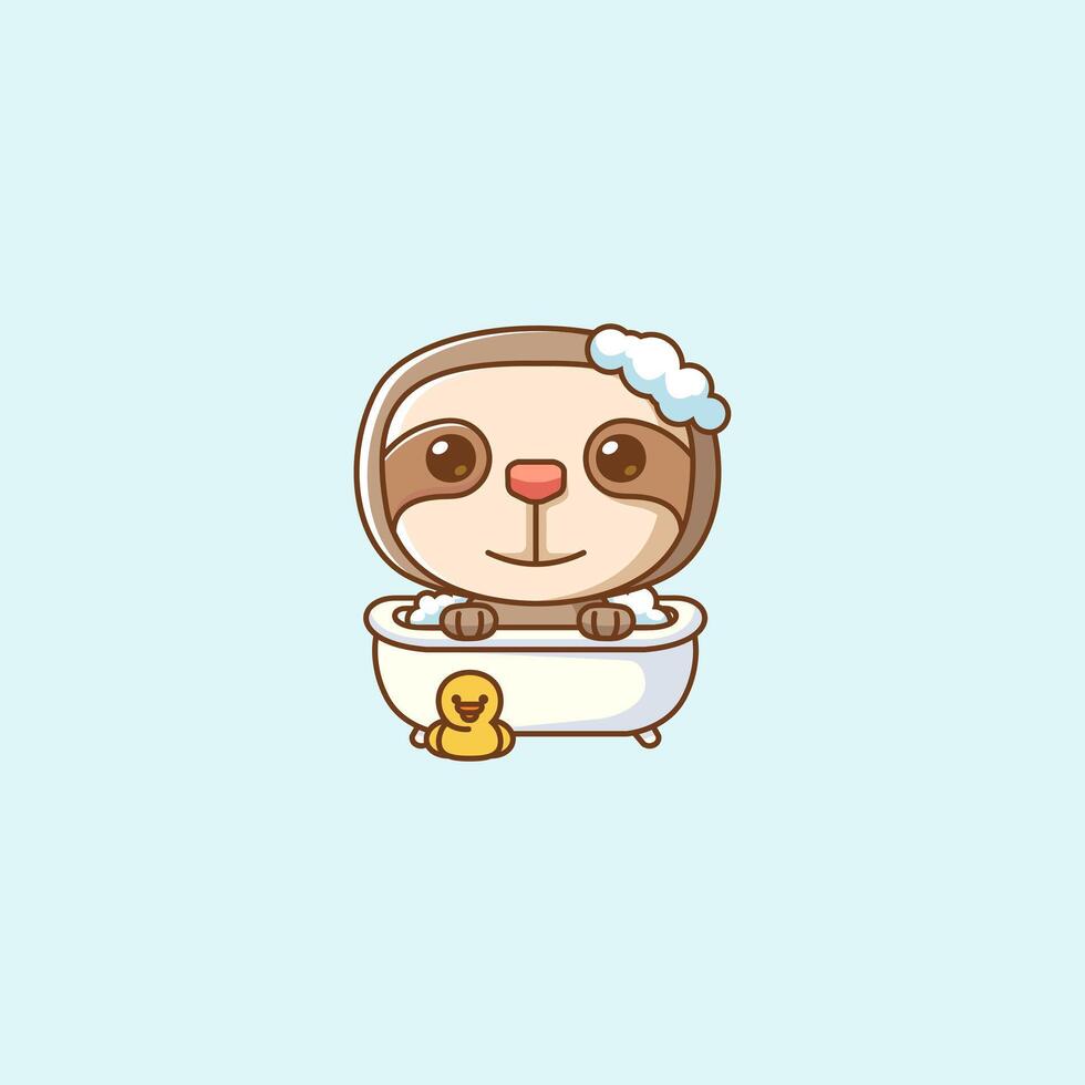 Cute sloth bathing time in bathtub kawaii chibi character mascot illustration outline style design vector