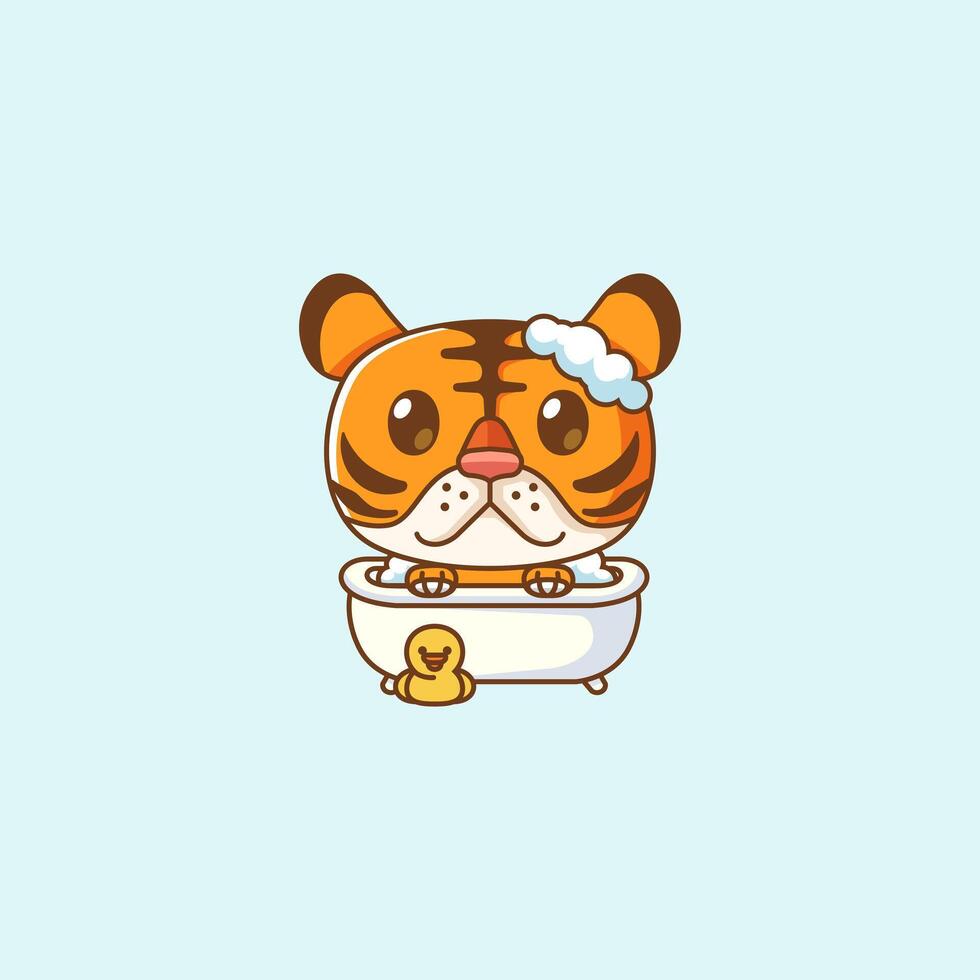 Cute tiger bathing time in bathtub kawaii chibi character mascot illustration outline style design vector