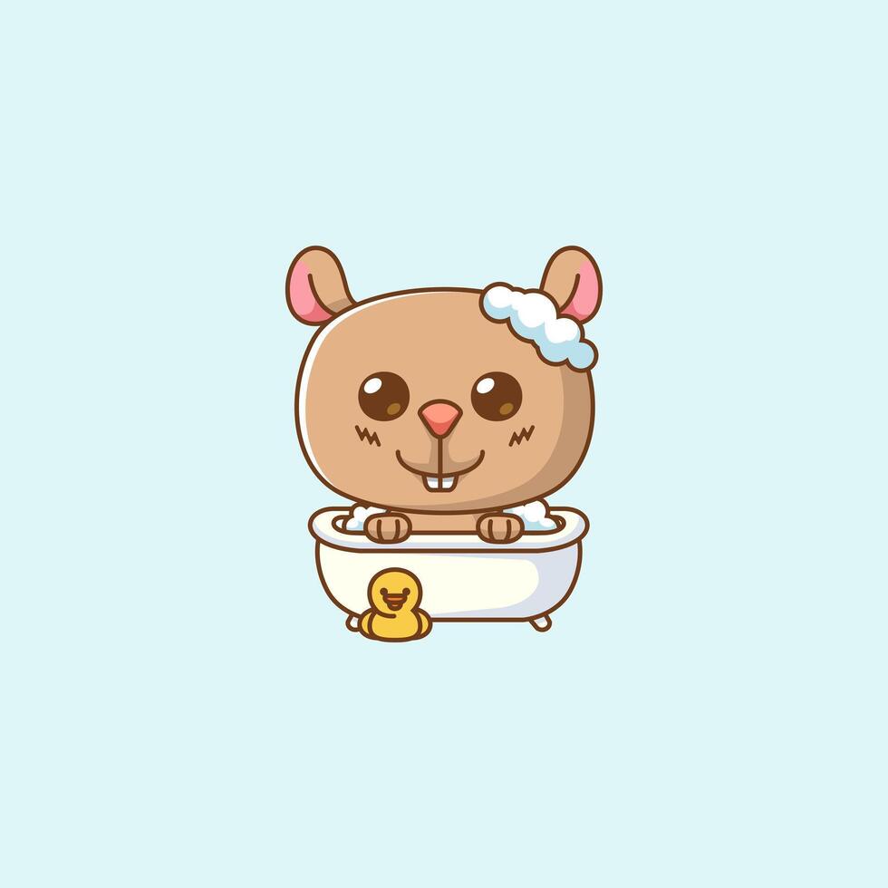 Cute squirrel bathing time in bathtub kawaii chibi character mascot illustration outline style design vector