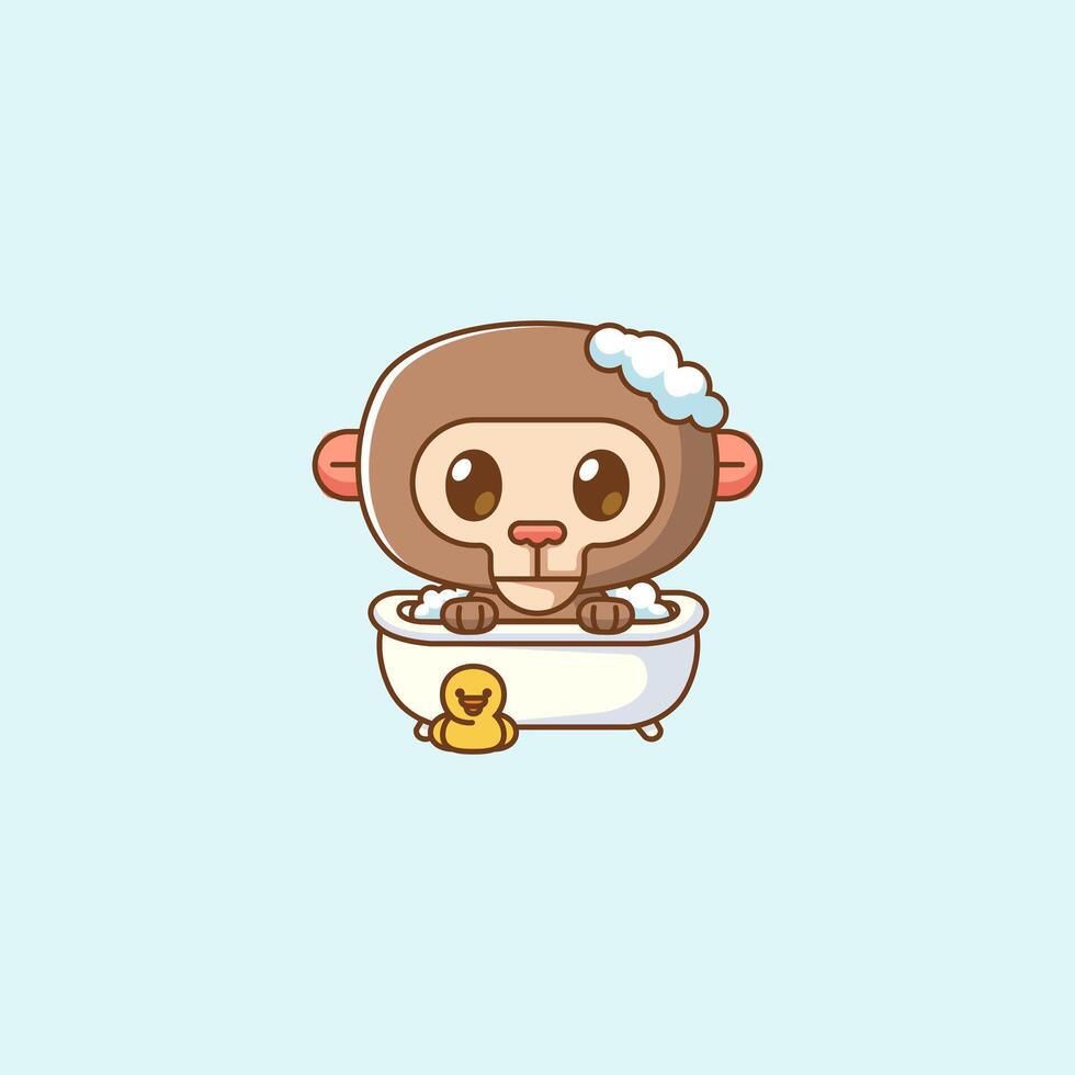 Cute monkey bathing time in bathtub kawaii chibi character mascot illustration outline style design vector