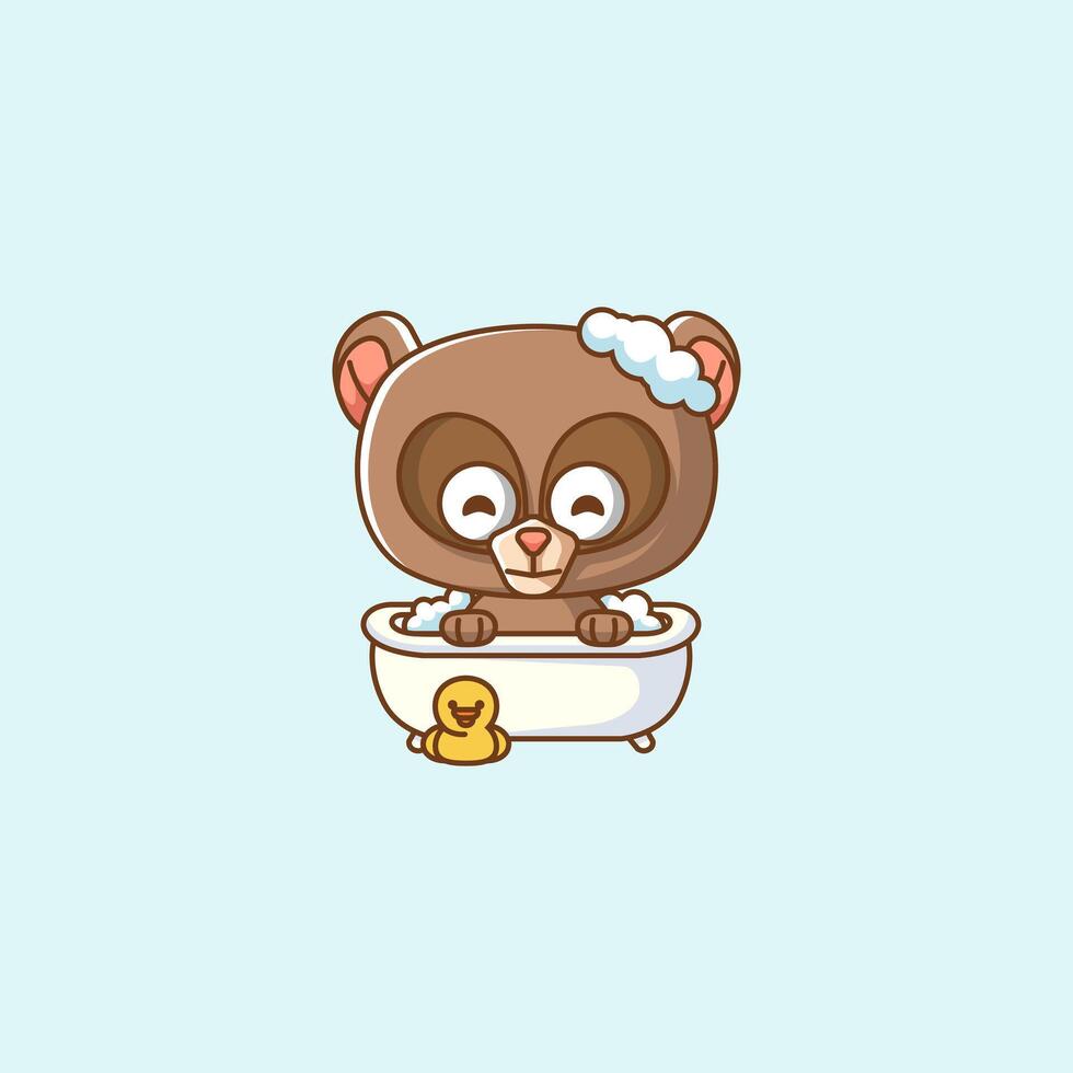 Cute bear bathing time in bathtub kawaii chibi character mascot illustration outline style design vector