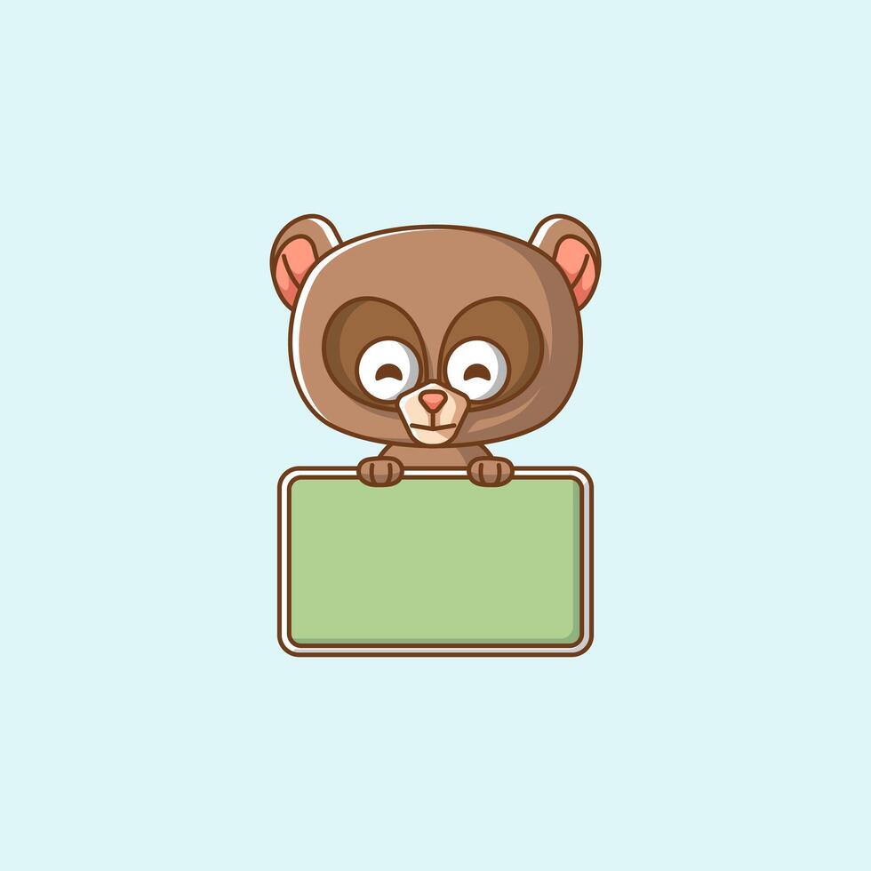 Cute brown bear hold blank space board banner kawaii chibi character mascot illustration outline style vector