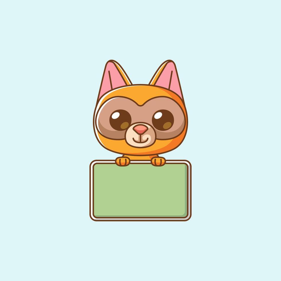 Cute little raccoon hold blank space board banner kawaii chibi character mascot illustration outline style vector