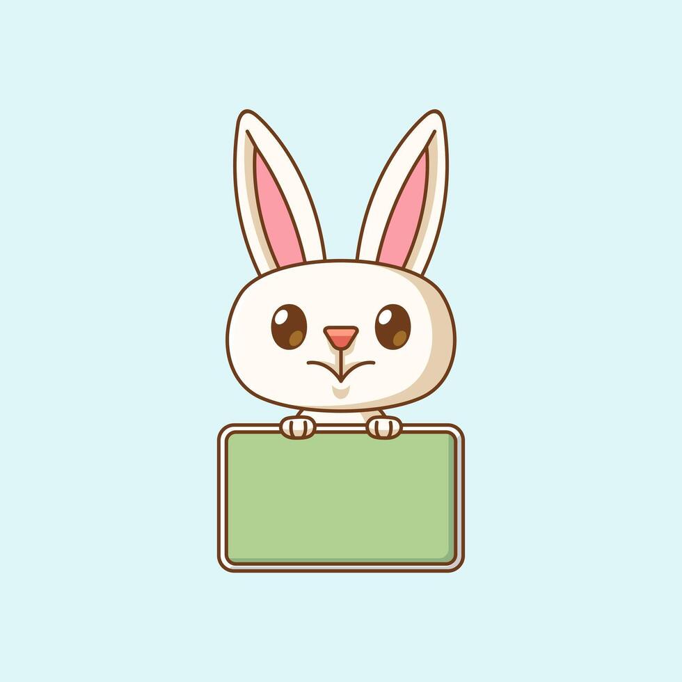 Cute rabbit hold blank space board banner kawaii chibi character mascot illustration outline style vector
