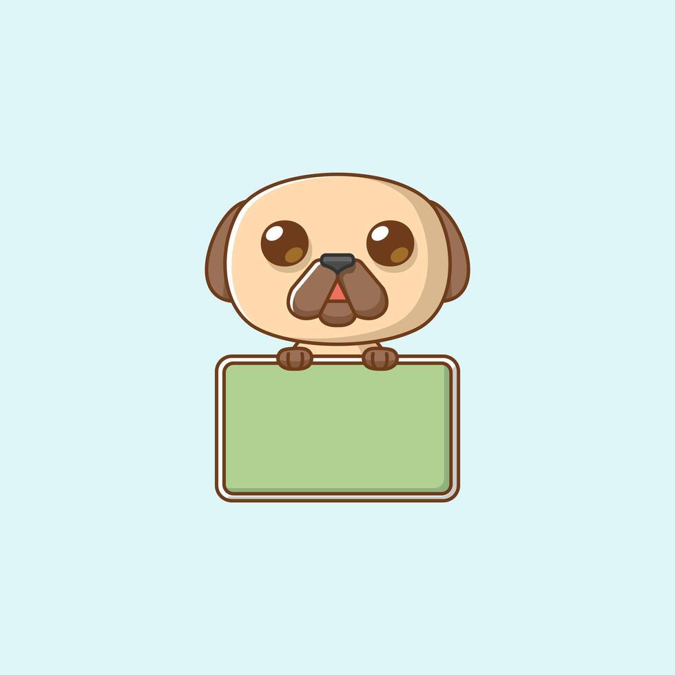 Cute pug dog hold blank space board banner kawaii chibi character mascot illustration outline style vector