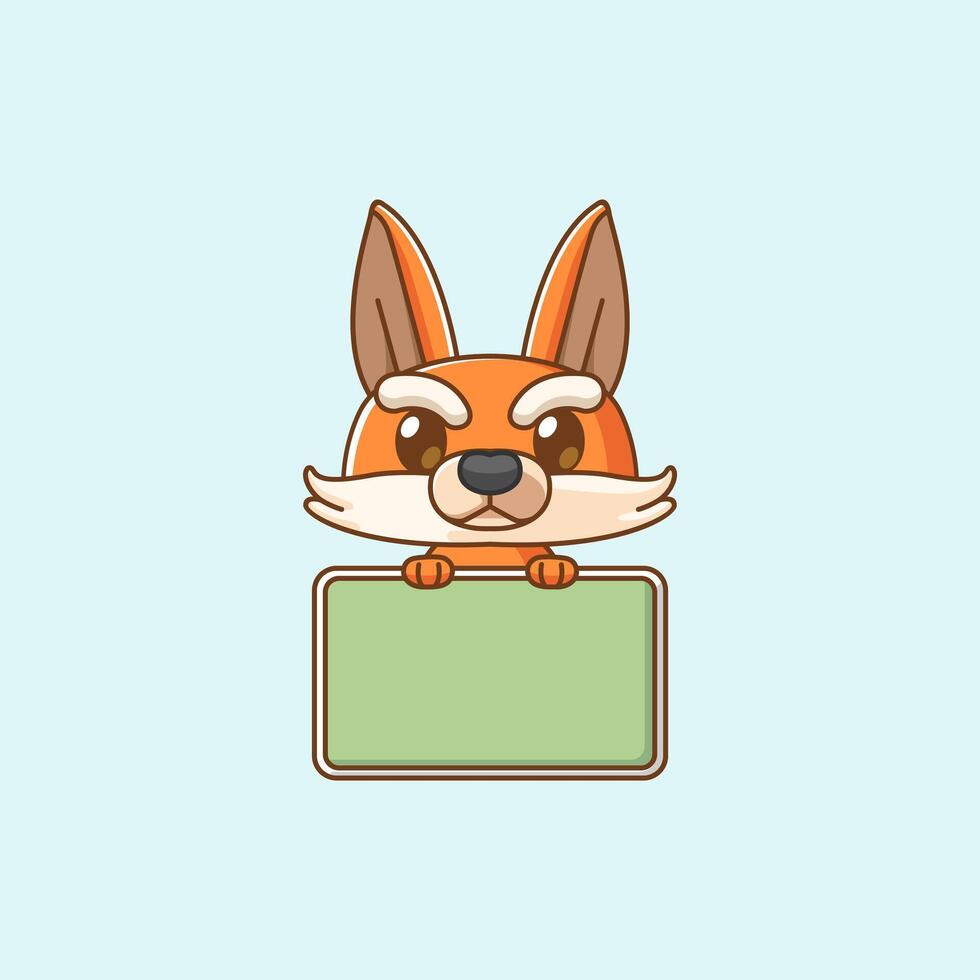 Cute fox hold blank space board banner kawaii chibi character mascot illustration outline style vector