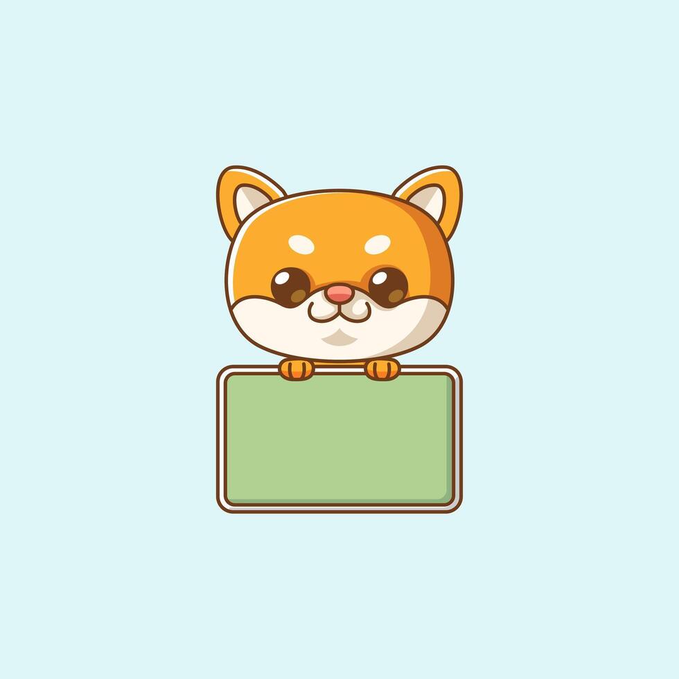 Cute shiba inu dog hold blank space board banner kawaii chibi character mascot illustration outline style vector