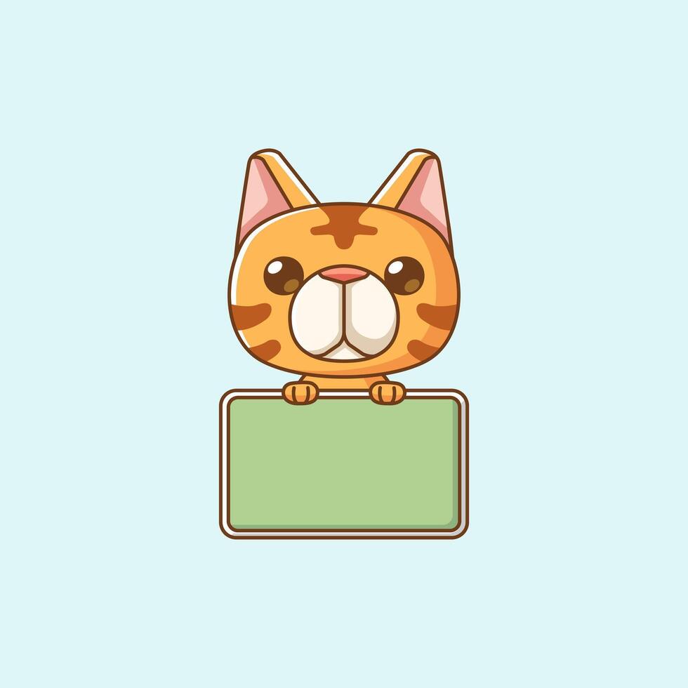 Cute stray cat hold blank space board banner kawaii chibi character mascot illustration outline style vector