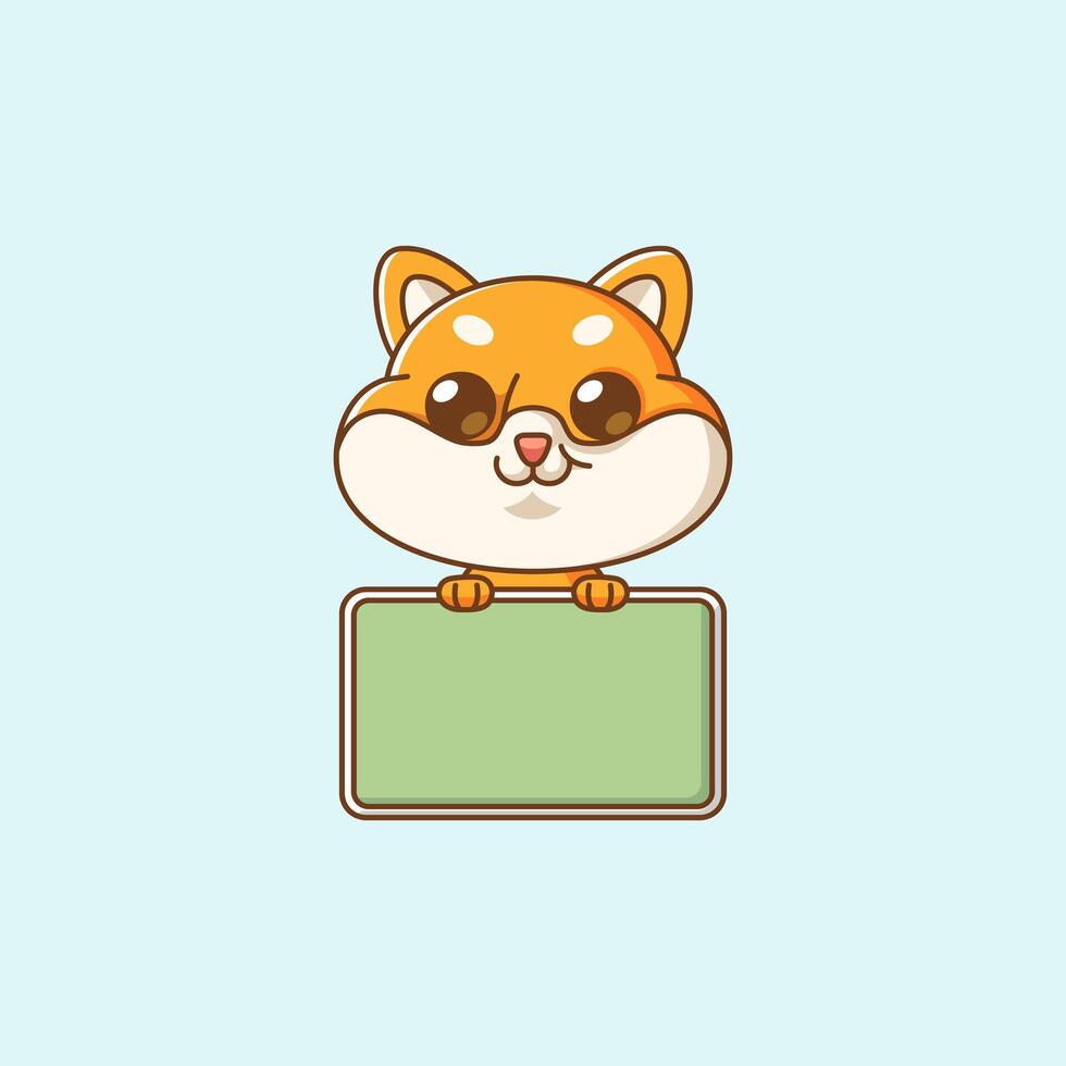 Cute shiba inu dog hold blank space board banner kawaii chibi character mascot illustration outline style vector