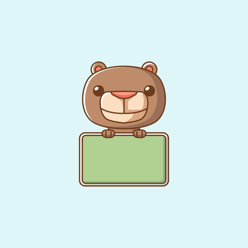 Cute teddy bear hold blank space board banner kawaii chibi character mascot illustration outline style vector