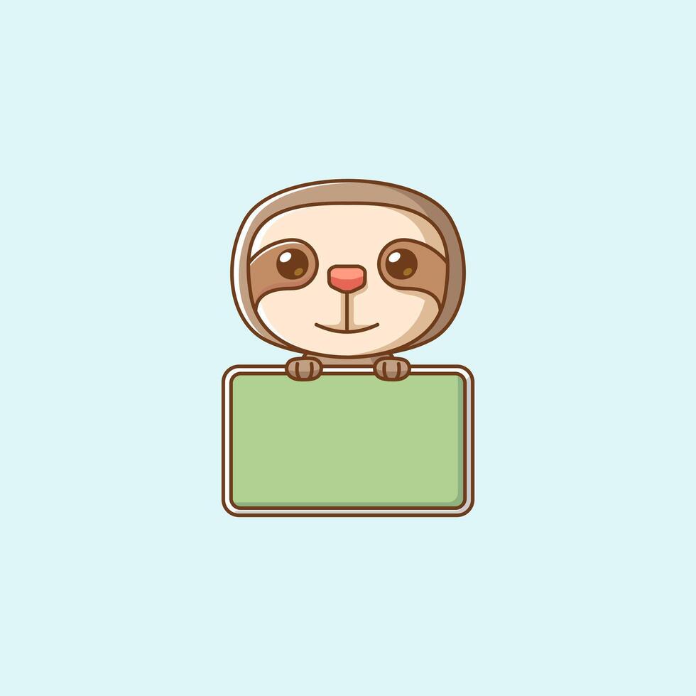 Cute sloth hold blank space board banner kawaii chibi character mascot illustration outline style vector