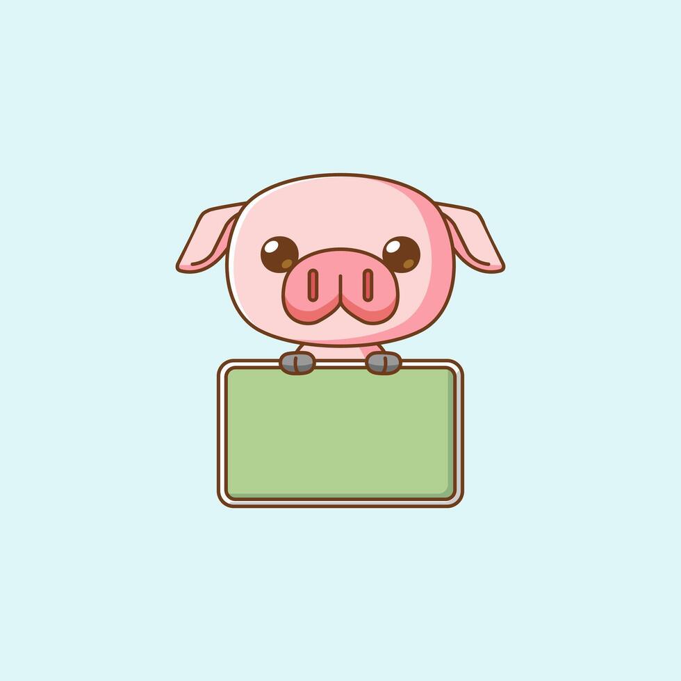 Cute hold blank space board banner pig kawaii chibi character mascot illustration outline style vector