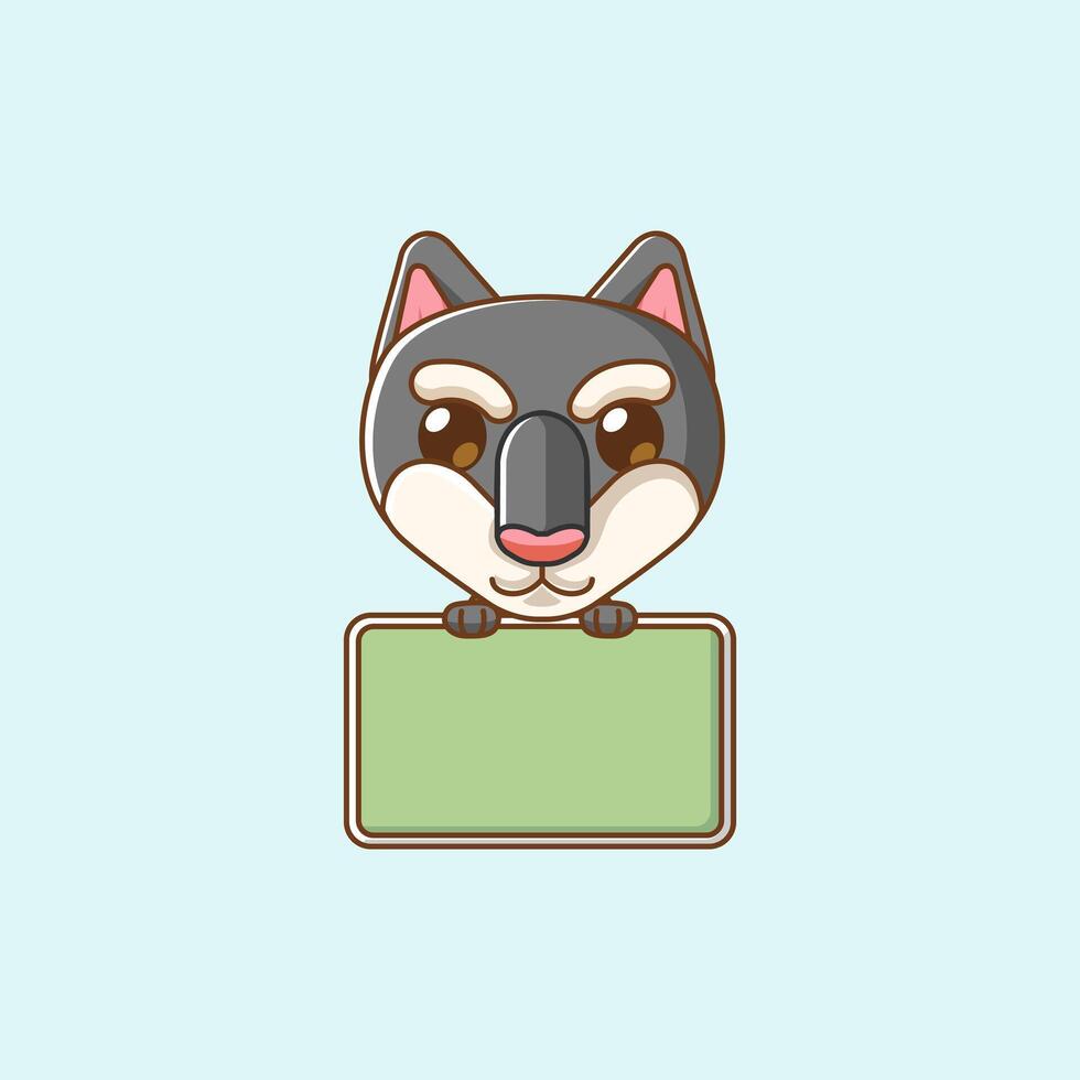 Cute dog hold blank space board banner kawaii chibi character mascot illustration outline style vector