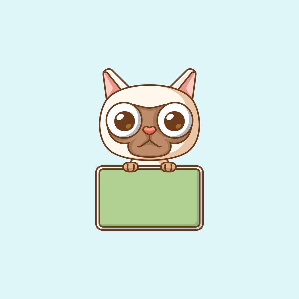 Cute little cat hold blank space board banner kawaii chibi character mascot illustration outline style vector