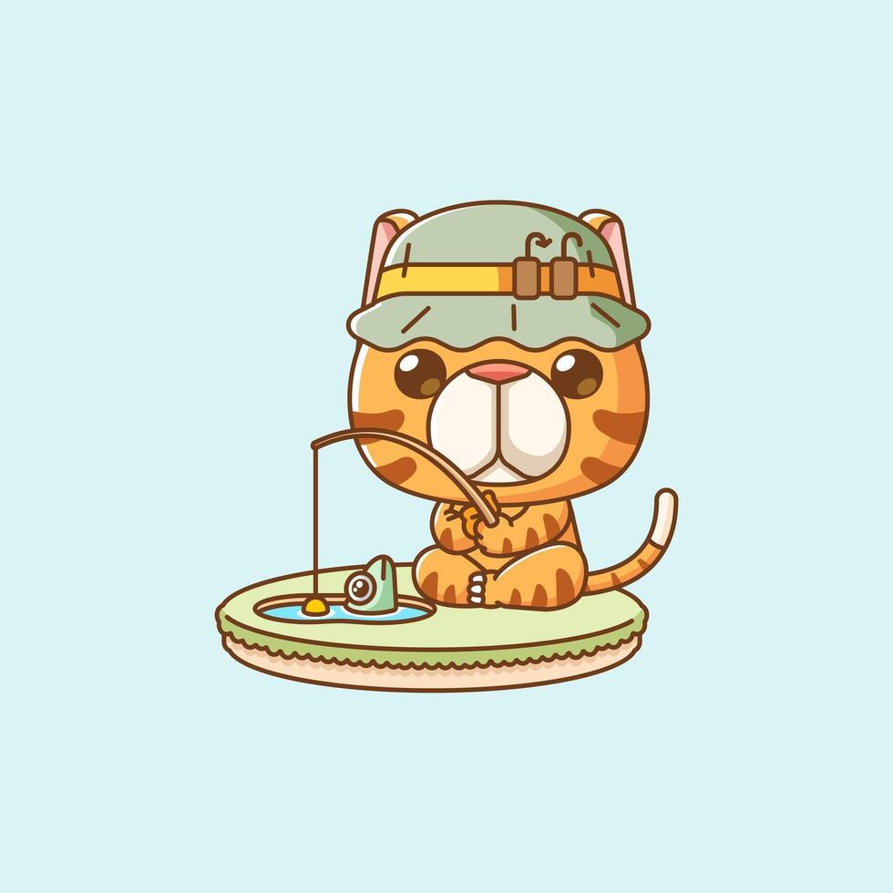 Cute stray cat fishing fish on island kawaii chibi character mascot illustration outline style design vector