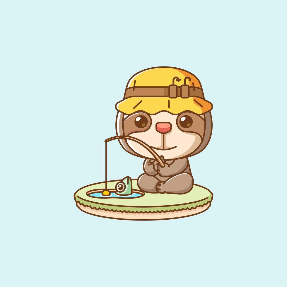 Cute sloth fishing fish on island kawaii chibi character mascot illustration outline style design vector