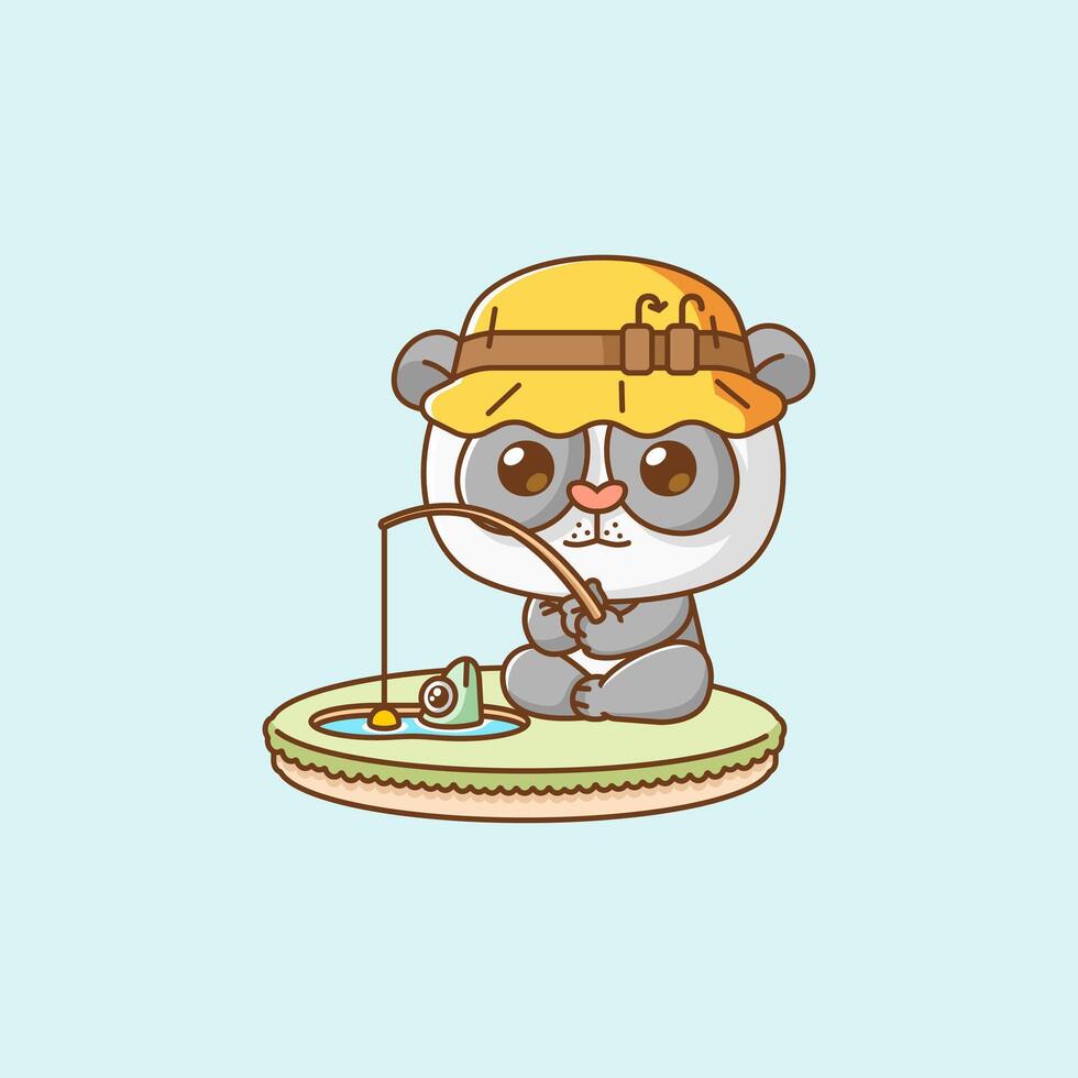 Cute fishing fish panda on island kawaii chibi character mascot illustration outline style design vector