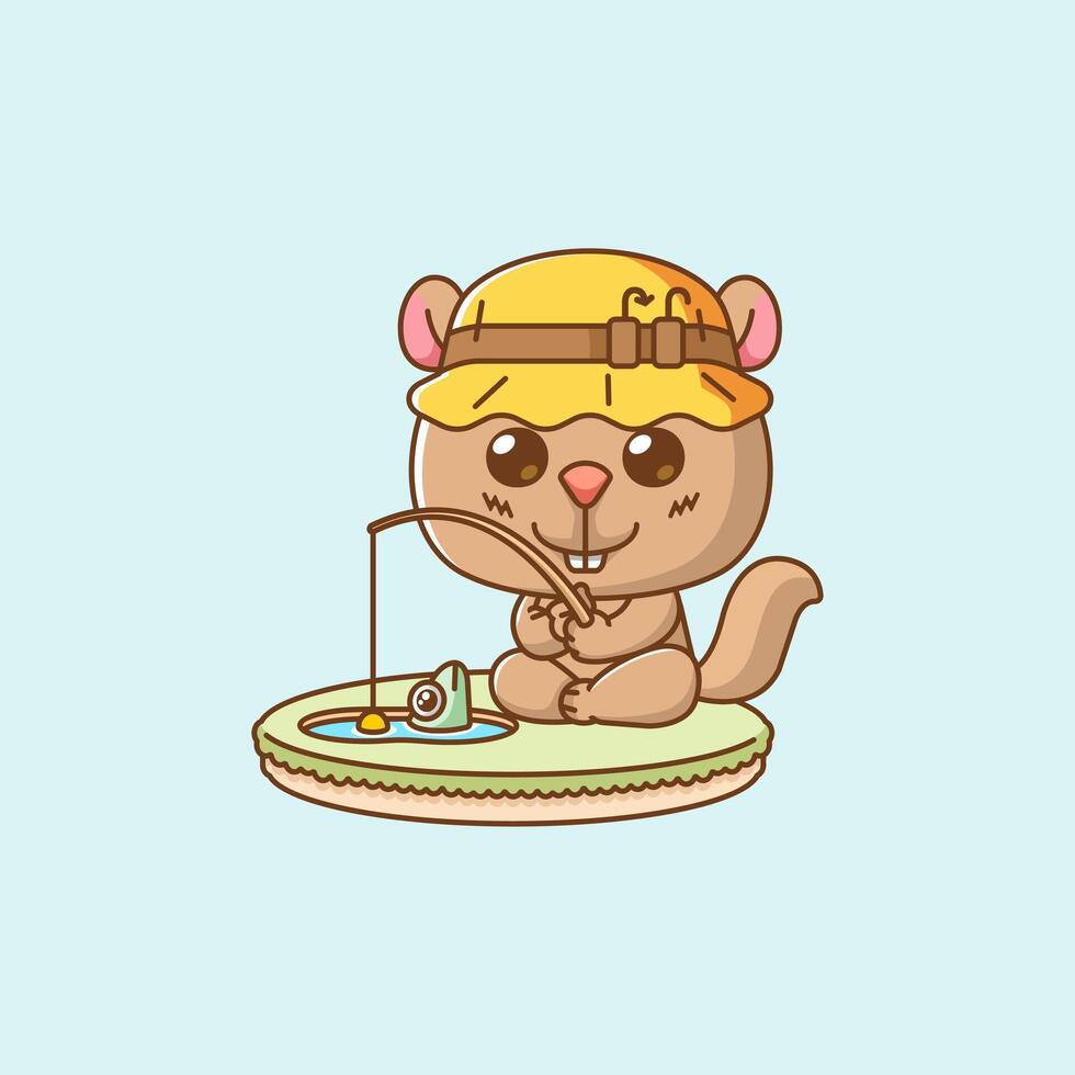 Cute squirrel fishing fish on island kawaii chibi character mascot illustration outline style design vector