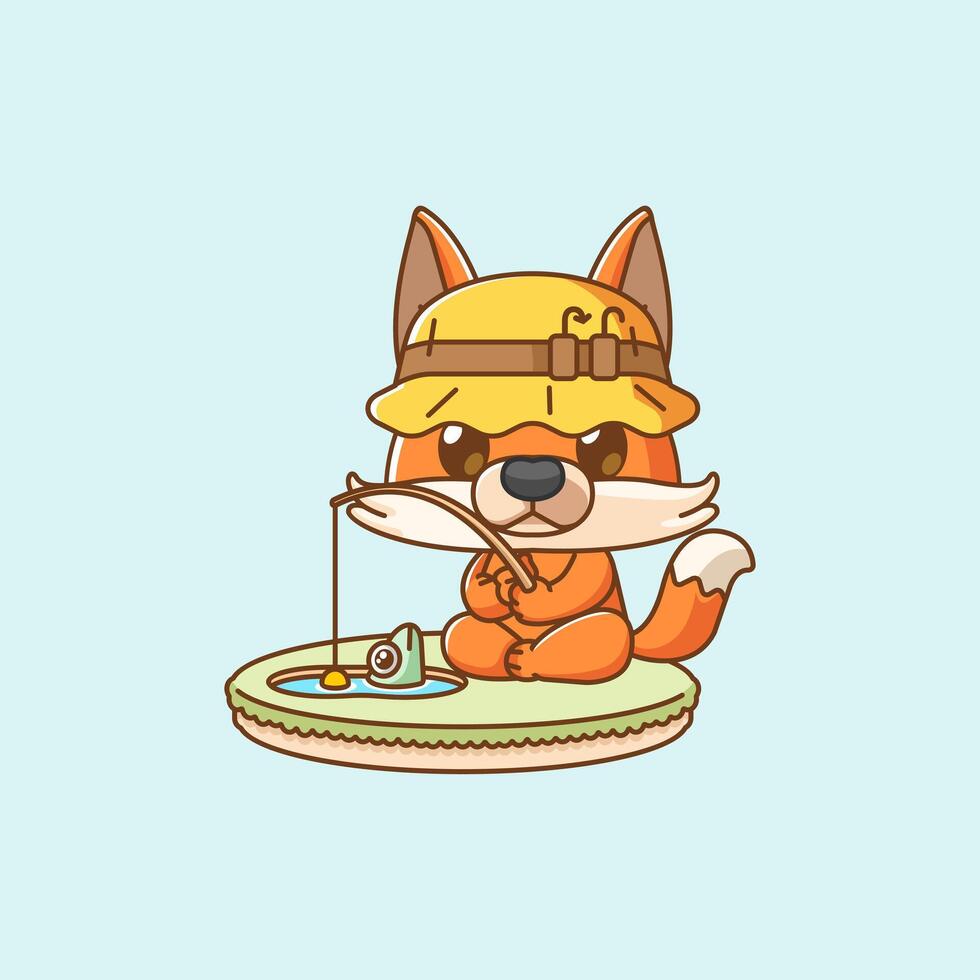 Cute fox fishing fish on island kawaii chibi character mascot illustration outline style design vector