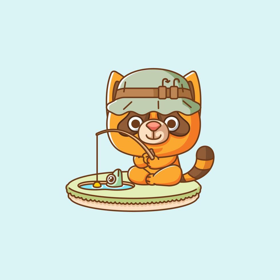 Cute fishing fish raccoon on island kawaii chibi character mascot illustration outline style design vector