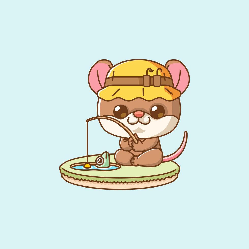 Cute mouse fishing fish on island kawaii chibi character mascot illustration outline style design vector