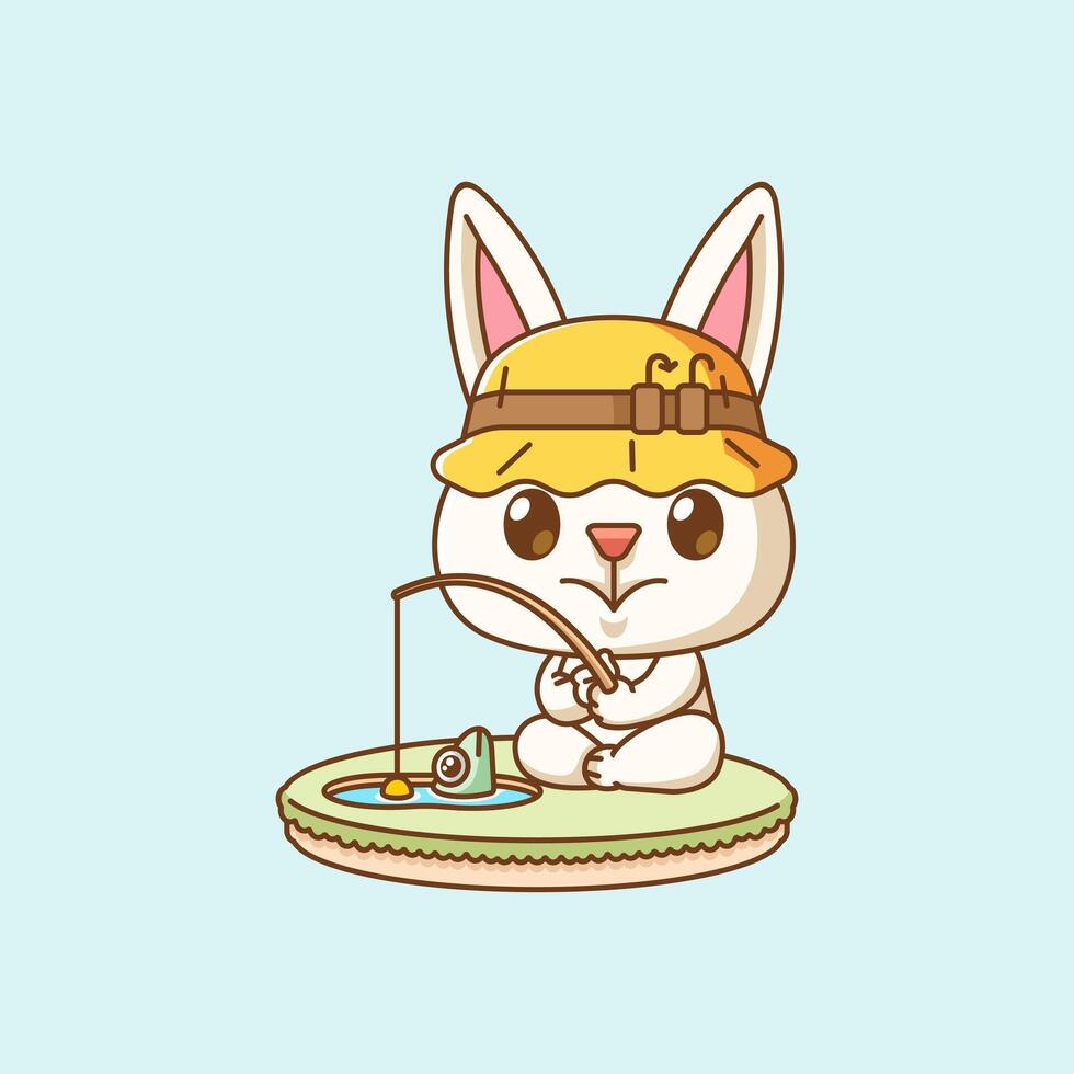 Cute rabbit fishing fish on island kawaii chibi character mascot illustration outline style design vector