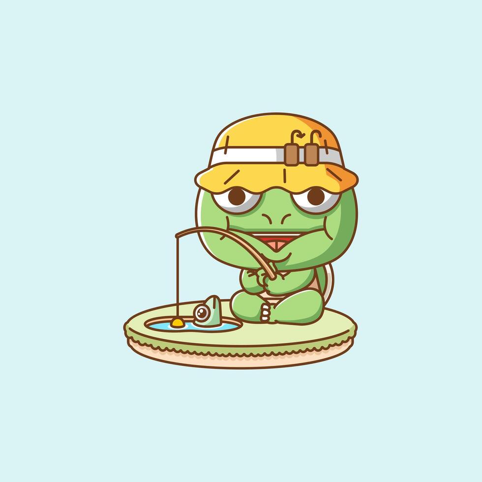 Cute turtle fishing fish on island kawaii chibi character mascot illustration outline style design vector