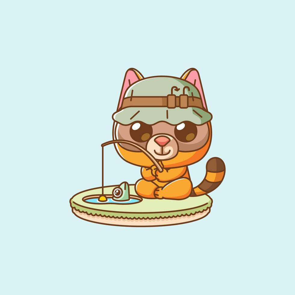 Cute raccoon fishing fish on island kawaii chibi character mascot illustration outline style design vector