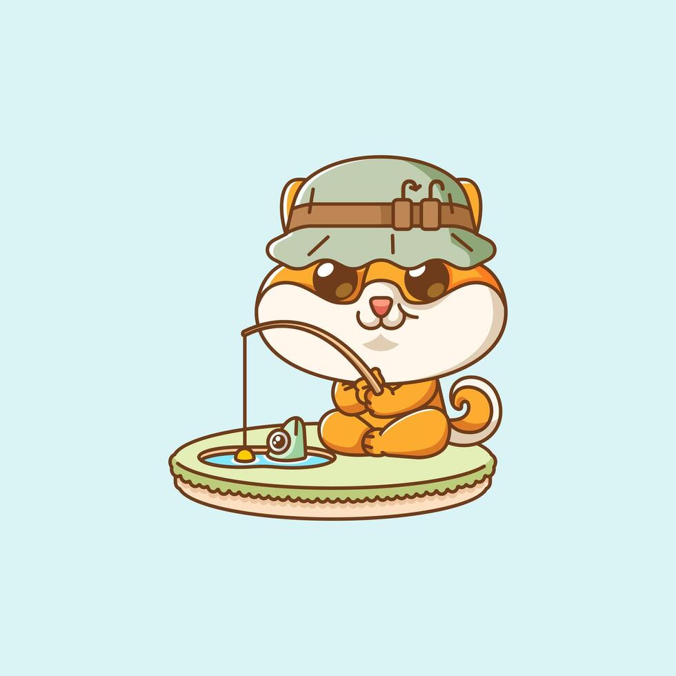 Cute shiba inu fishing fish on island kawaii chibi character mascot illustration outline style design vector