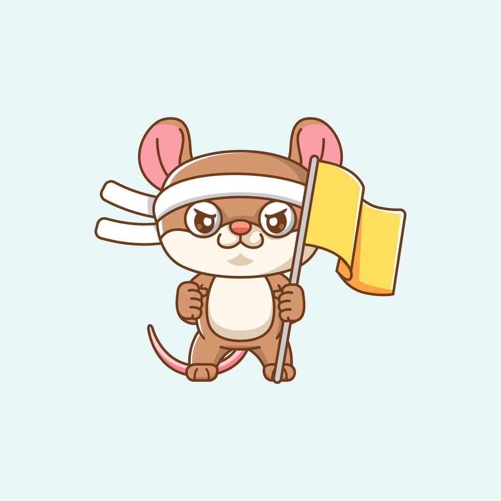 Cute mouse shouting with the flag and headband kawaii chibi character mascot illustration outline style design vector
