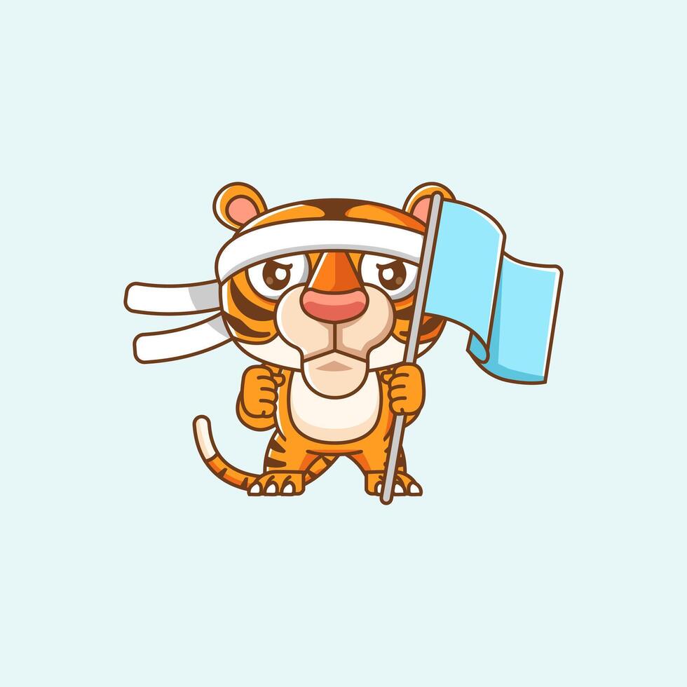 Cute ooo shouting with the flag and headband kawaii chibi character mascot illustration outline style design vector