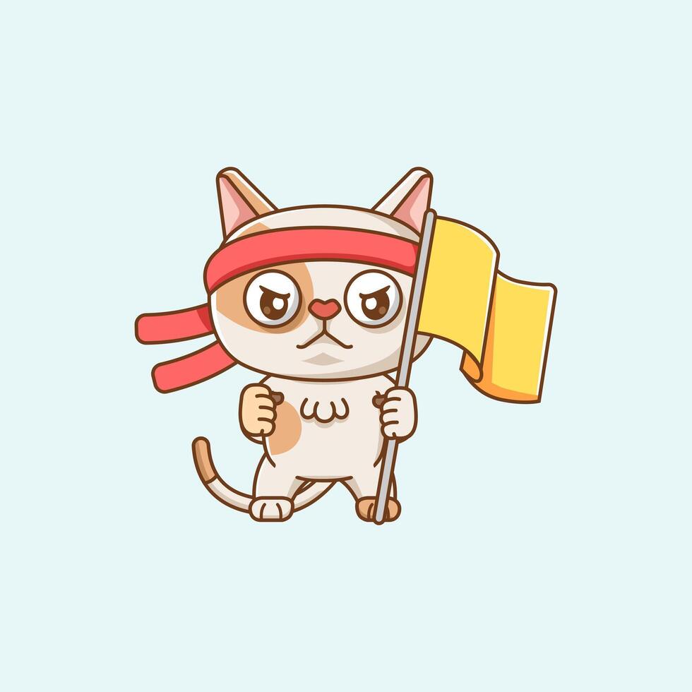 Cute cat shouting with the flag and headband kawaii chibi character mascot illustration outline style design vector