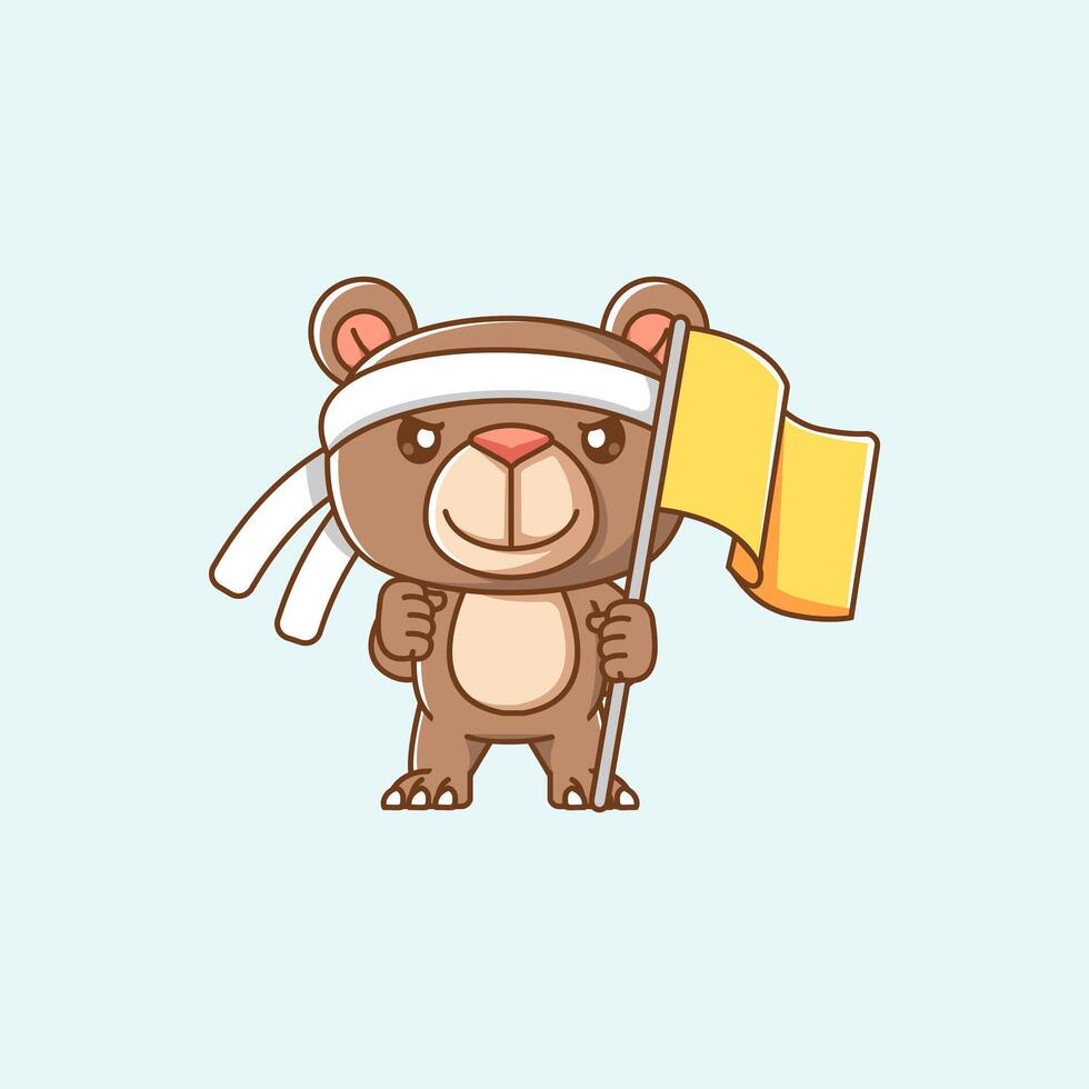 Cute teddy bear shouting with the flag and headband kawaii chibi character mascot illustration outline style design vector